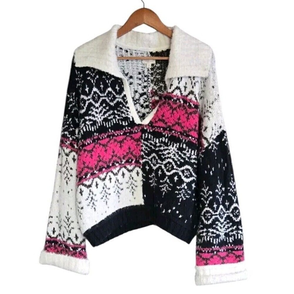 Anthropologie Pilcro Sweater Women's  V Neck Fuzzy Printed Popover Mettalic NWT